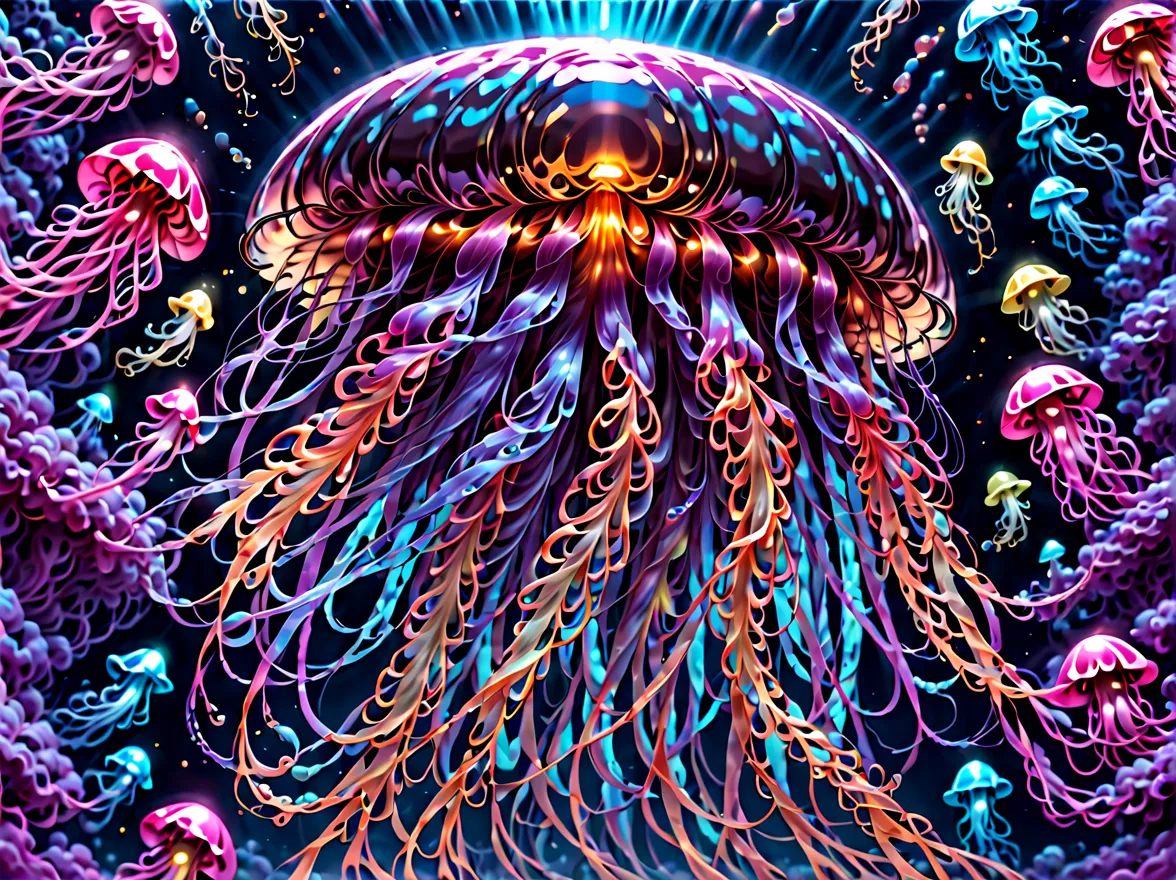 黑色星光背景中有果冻和气泡  neon jellyfish, jellyfishes, jellyfish dancing, jellyfishes, glowing jellyfish, jellyfish, translucent glowing je...
