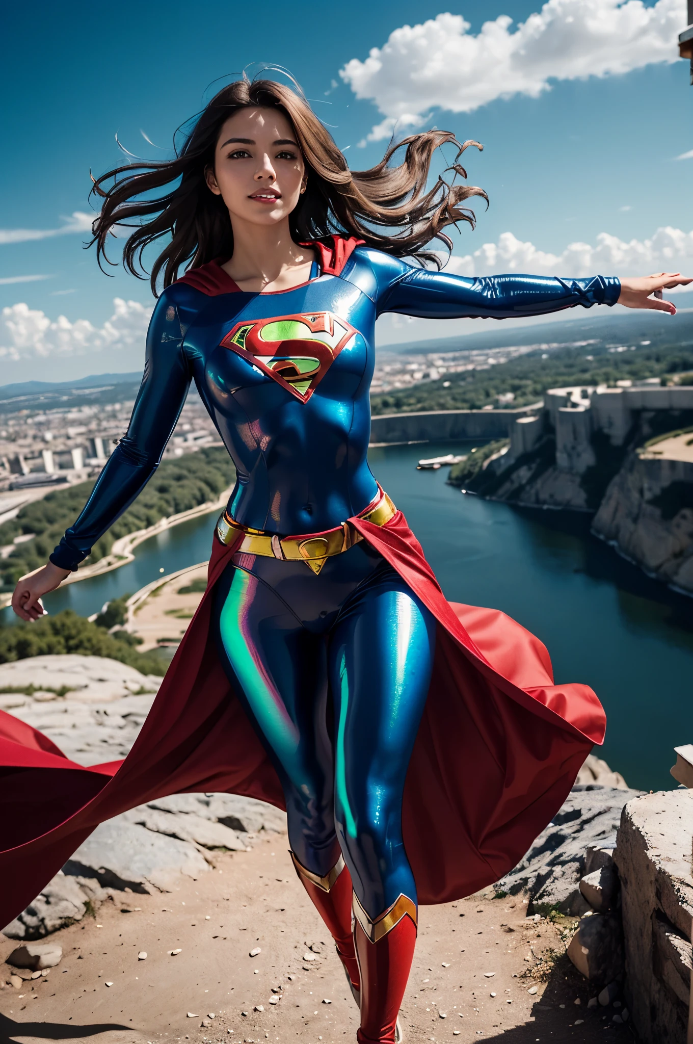 A woman in a superman costume standing on a cliff - SeaArt AI