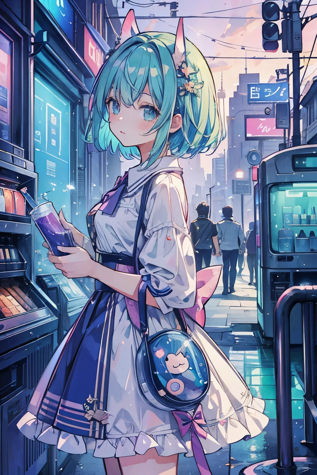 ((best quality, masterpiece, ridiculous, super resolution)) photo of beautiful jpn-gyaru, alone, green,purple,blue hair,short hair, standing on a playground, from a distance, from the side, smooth, beautiful anime eyes with luster reflection, beautiful, money, coin, drinks, bottled water, canned soda, (marble soda:1), Vending machine in the background