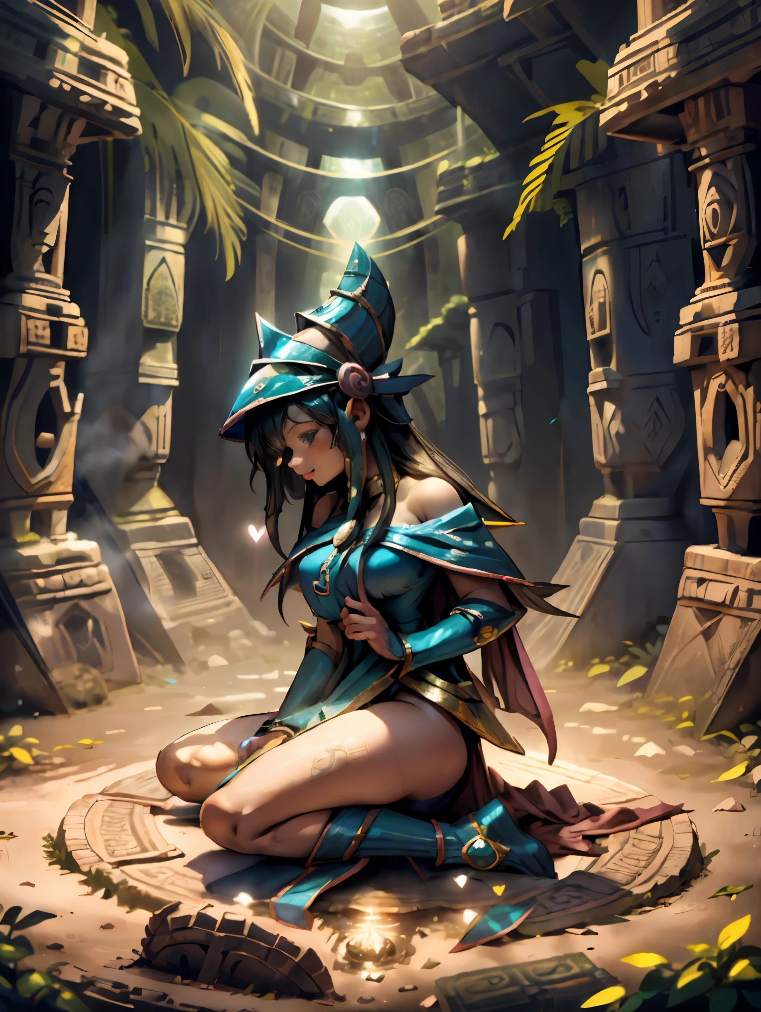 Dark magician gils dressed in mayan costume, SHE IS STOP, Magic hearts background. smile on his lips. blue eyes. blond hair. pose sensual. Levitating on one foot. Background of Mayan ruins and a magical stone portal  