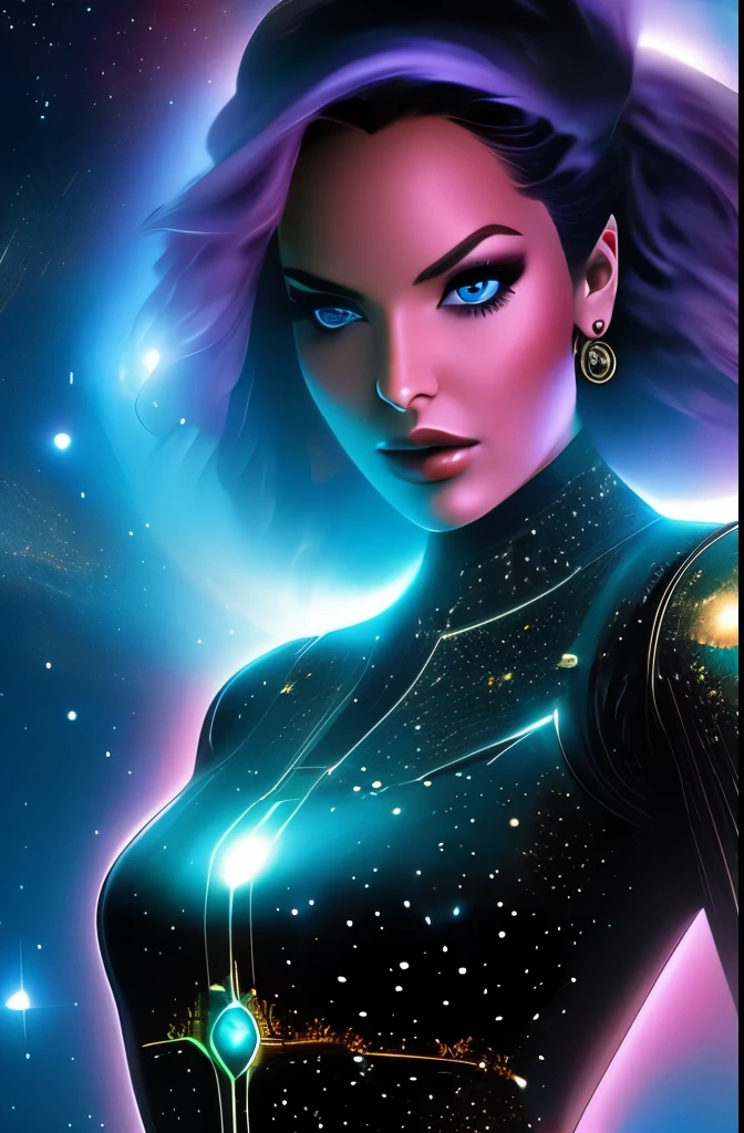 Imagine a fierce female pirate with cybernetic enhancements, her eyes gleaming with augmented reality displays, a metallic arm adorned with intricate tattoos of constellations. Behind her, a swirling black hole, its gravitational pull bending the stars.