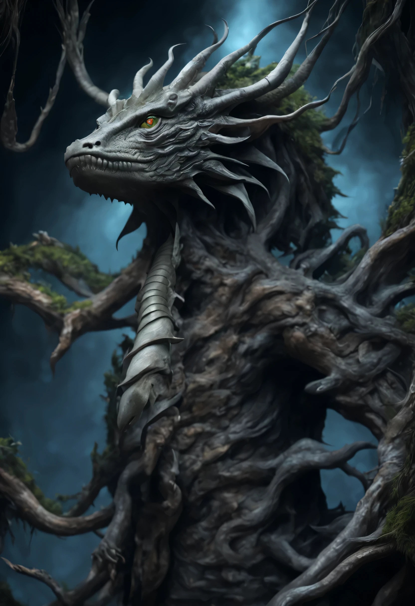 A huge dragon stood by the water in the dark forest.., The body is a tree root.., disgusting mutant flesh creature, scary, disgusting, Highly detailed, There are complicated details.., Portrait of a dragon, Very high detail, Realistic photos, 8k, UHD, very detailed, (dynamic poses:1.4),