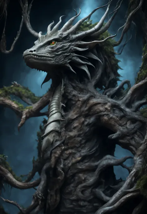 A huge dragon stood by the water in the dark forest.., The body is a tree root.., disgusting mutant flesh creature, scary, disgu...