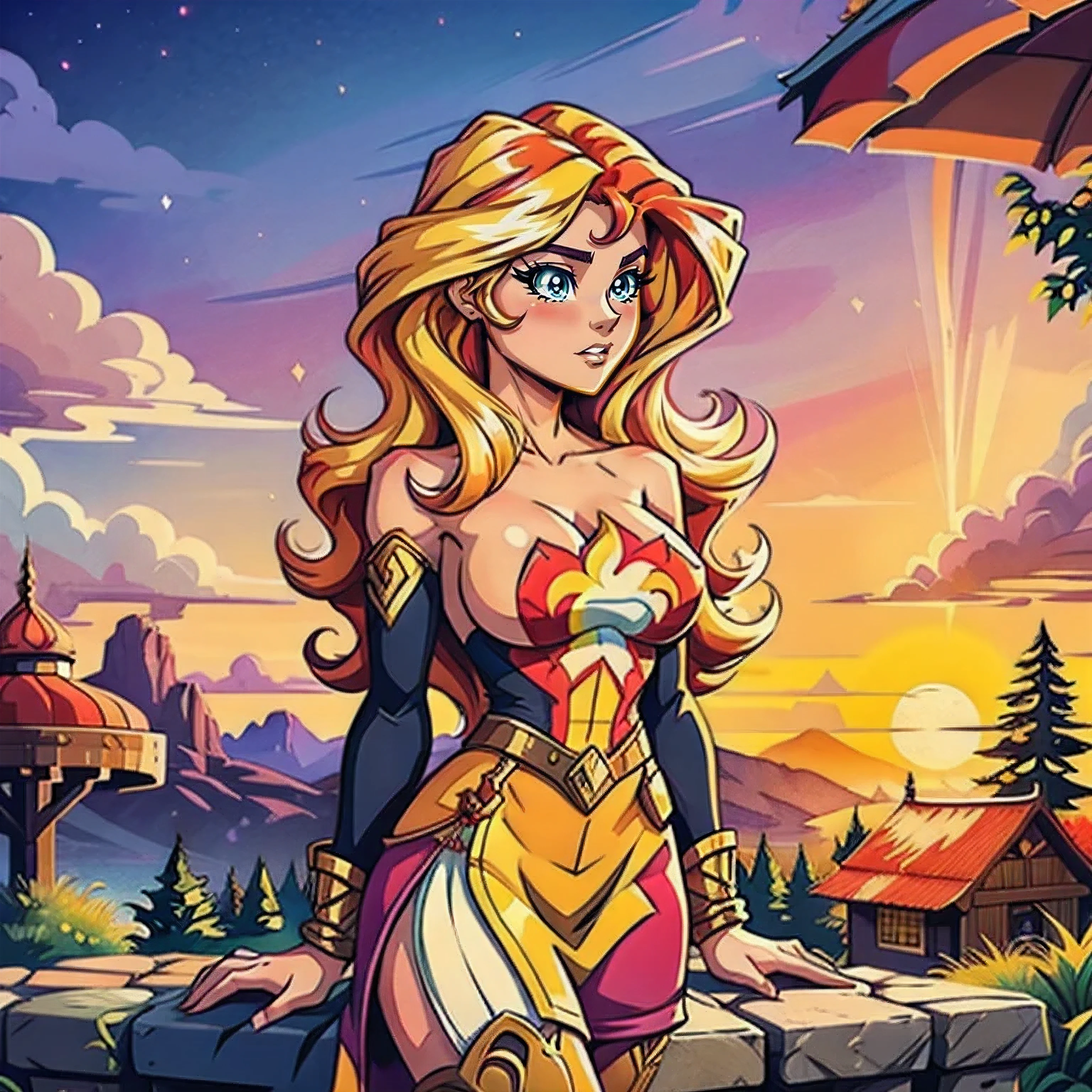 Sunset Shimmer bare big breasts, full body portrait with high heeled boots, cowboy shot, full-length, Sunset Shimmer aged 25, topless, bare breasts, big breasts, shoes visible, detailed anime eyes, adesivo, fundo simples, full portrait, long hair, beautiful sunset shimmer girl, pony aesthetic, beautiful girl, very beautiful fantasy art, beautiful and elegant female pony girl, beautiful detailed fantasy, red and yellow colour palate, red and yellow colour-theme, vintage t-shirt design, in the style of hand drawing, 3D vector art, fantasy art, watercolour effect, Adobe Illustrator, hand-drawn, digital painting, low-poly, soft lighting, isometric style, retro aesthetic, focused on the character, 4K resolution,