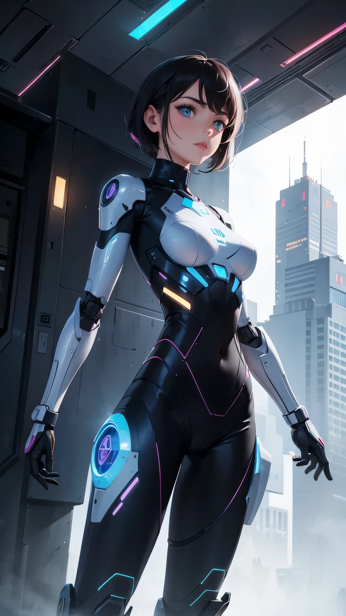 robot femenino,El fondo es una ciudad futurista