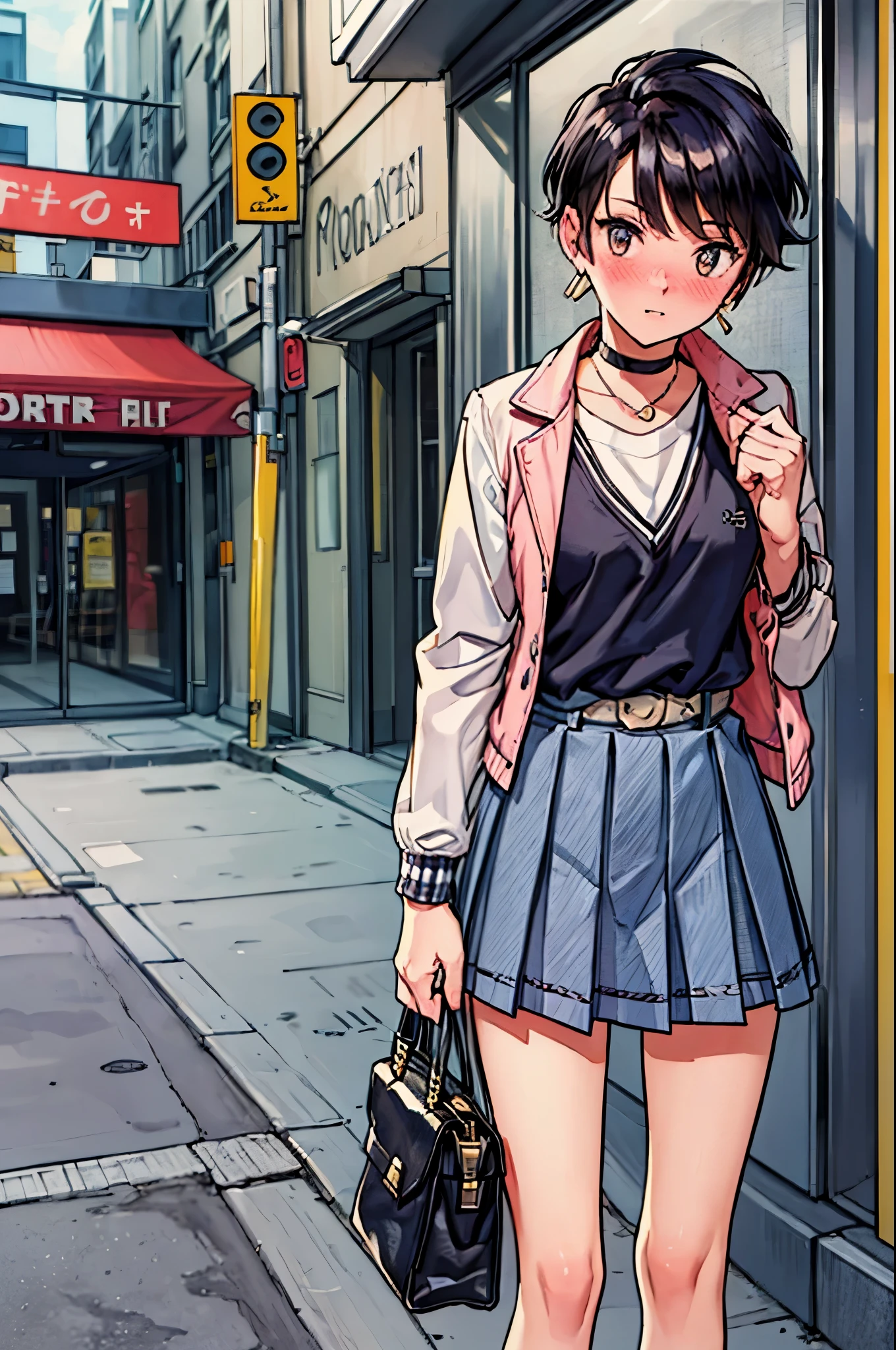 Anime girl in a skirt and jacket walking down a street - SeaArt AI