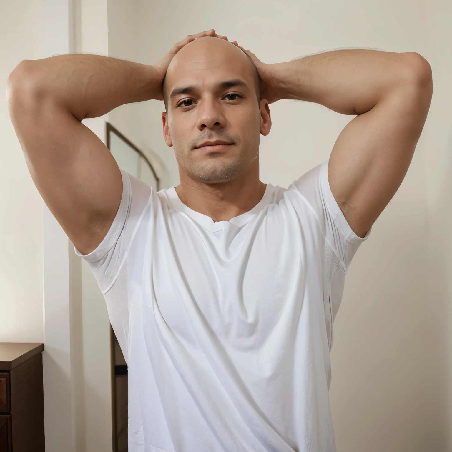 Arafed man in white shirt standing in front of mirror with hands on head -  SeaArt AI