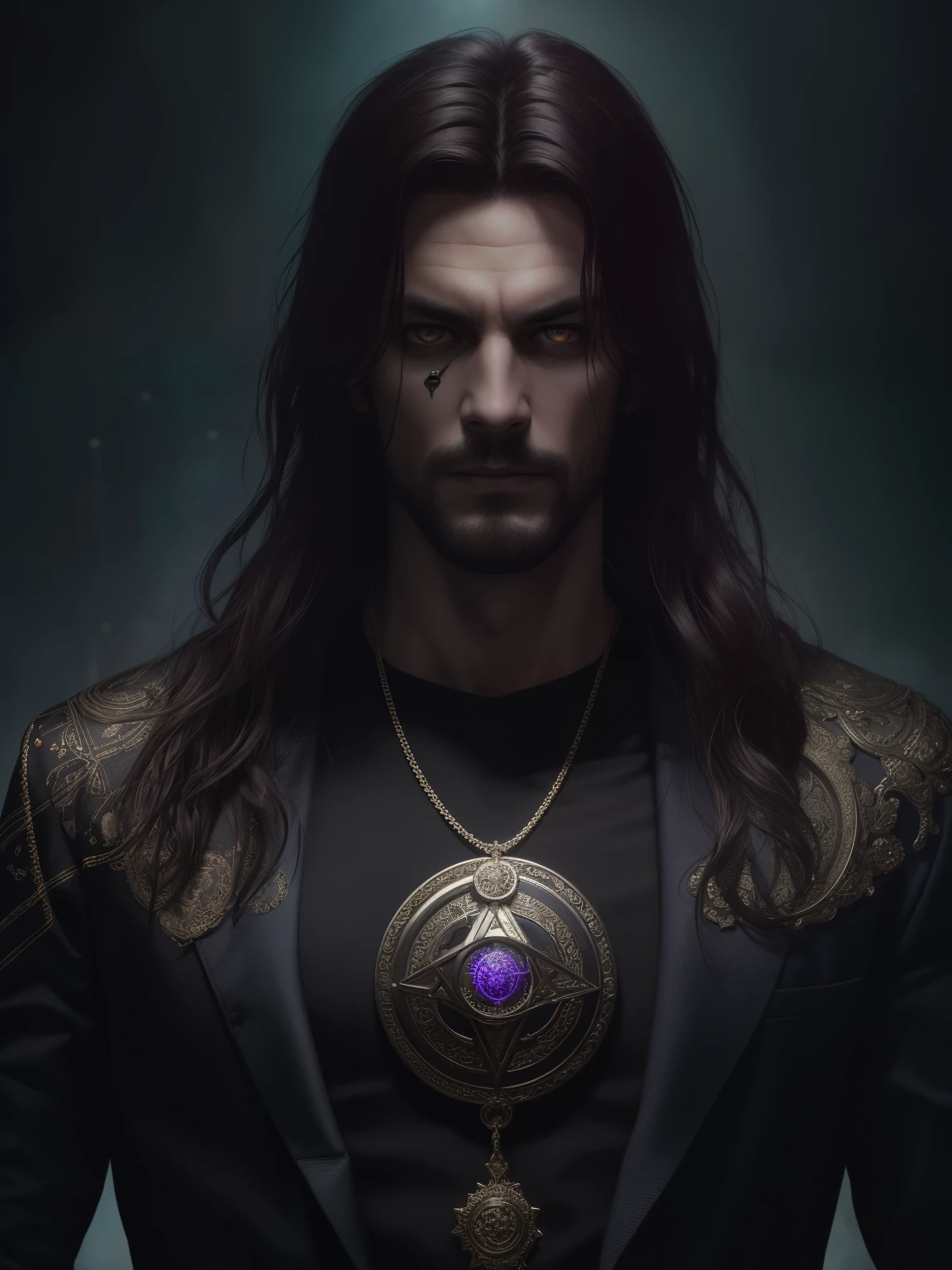 Masterpiece, Highest quality, Man, взрослый Man ((50 years)), poison, detailed face ((Dark eyes, poison, dark hair)), magic, Healer, dynamic pose, ((look at the viewer)), natural light, medallion on the chest, Man