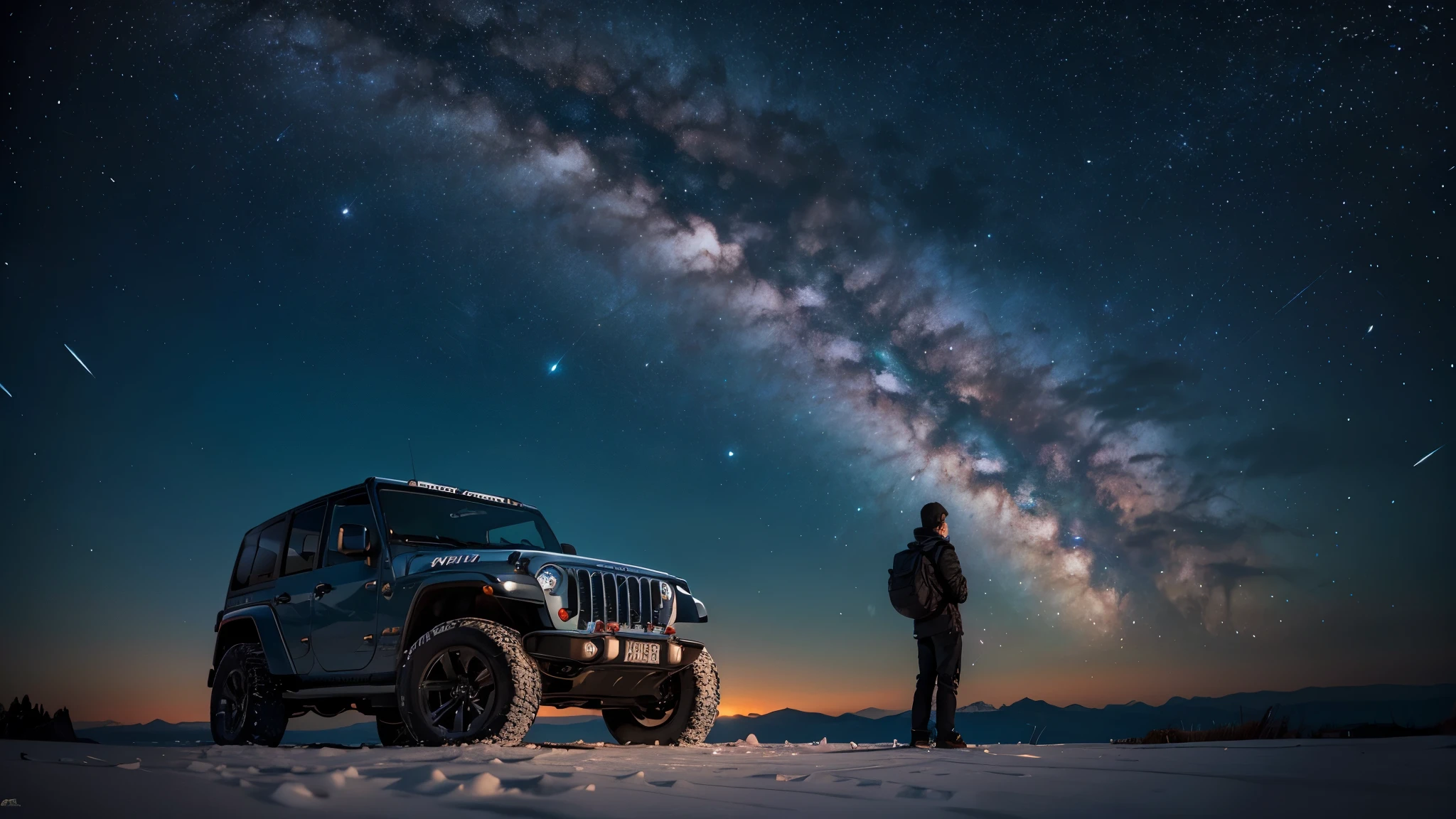 Super high resolution, high resolution, real, detailed photo, north-northwest, clouds, Scandinavia, night sky, starry sky, beautiful, comet, looking up, ocean, looking up alone, back view, star-filled sky, magnificent universe, standing alone, magnificent, , young man, cap, handsome, cool, jeep, car