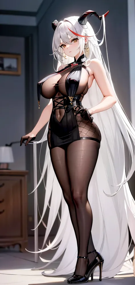 girl，Big breasts，black stockings，no shoes，Married woman，white hair，stand，High heel，Hold your chest