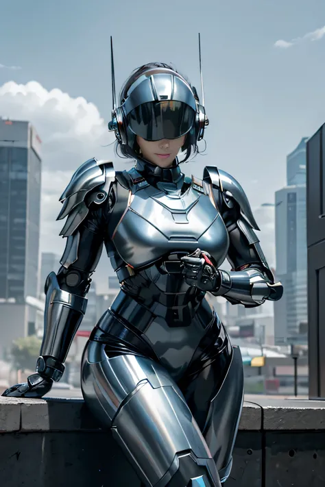 female robocop solo、Armor that completely covers the whole body、very large armor、helmet to hide eyes、rainbow armor、Armor that co...