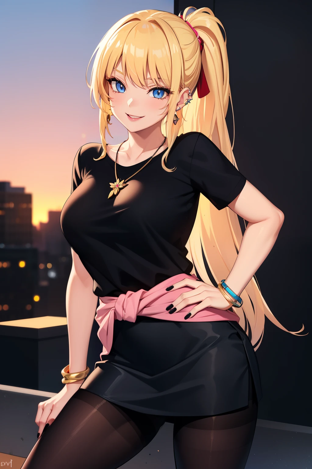 
long blonde hair, ponytail, bangs, blue eyes, pink lipstick, smile, sexy position, piercings, earrings, bracelets, necklace, medium breasts, black shirt, cold look, black_ skirt,  background, city sunset , Red _nails,, pantyhose_black, hands on the waist.



