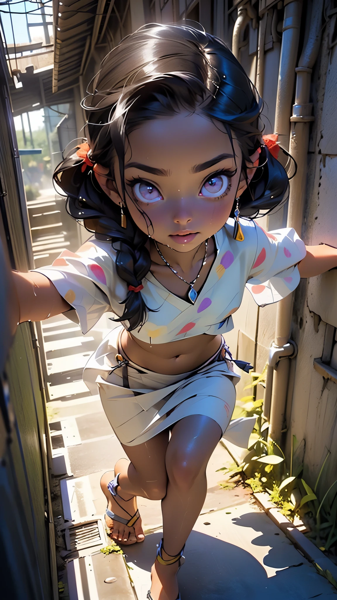 little  tribal,(((little ,small tiny body,,chibi,small))),(((6 years old))),(((1 toddler:1.4))),(baby face),(round face),(little chest),(big forhead:1.2),(beautiful big eyes:1.3),extremely detailed cute anime face,

(((flat chest))),((((long twin braids,tight braids,long braid,braided hair,long hime cut,dark hair,black hair,colored inner hair)))),(((purple_eyes:1.3))),intricate eyes,beautiful detailed eyes,symmetrical eyes,(big eyes:1.5),((((lustrous skin:1.5,tanned skin,bright skin: 1.5,skin tanned,shiny skin,very shiny skin,shiny body,Reflective skin)))),(((detailed face))),beautiful detailed lips,

(cute,kawaii,(nsfw)),🦄,🌈,

long loincloth,(navel),Shaman tribal clothes,thong tribal,(tribal clothes,style old Egypt),navel,barefoot,bare arms,exposed belly button,necklace,(tribal clothing),((red clothes,wet clothes,intricate outfit)),

dynamic pose,looking at viewer,embarrassed,centered,scale to fit dimensions,Rule of thirds,

((Narrow, winding tunnel that descends into the depths. The only light comes from small luminescent gems that dot the walls)),scenery,extremely scenery,

(Glossy Egyptian ornaments),highres,sharp focus,(ultra detailed,extremely detailed),(photorealistic artwork:1.37),(extremely detailed CG unity 8k wallpaper),(((vibrant colors,vibrant theme))),(intricate),(masterpiece),(best quality),artistic photography,(photography taken by sldr),(intricate background),perfect rendered face,perfect face details,realistic face,photo realistic,analog style,((intricate detail)),(((realism))),
