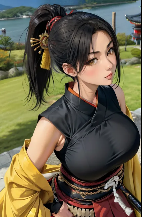 Masterpiece, Best quality,Samurai of Japan，1 female, Black hair with high ponytail, Bright eyes, heroic look, full body,  Wear a...