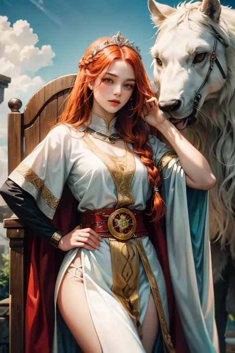 1 mulher,A Viking warrior with long braided red hair,olhos verdes, sardas, thin lips,rosto redondo,seios grandes,quadril largo, ...