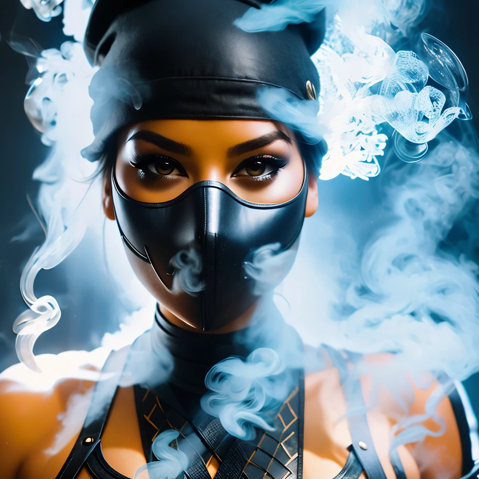 Crie uma foto ultradetalhada de uma figura totalmente feita de fumaça no formato de Smoking Girl, ninja, (figura fantasmagórica) vista frontal, efeitos de movimento, fumaça colorida, Luzes de estúdio, Foco Ultra Nítido, tiro em alta velocidade, cores suaves, Ultra HD, 16K