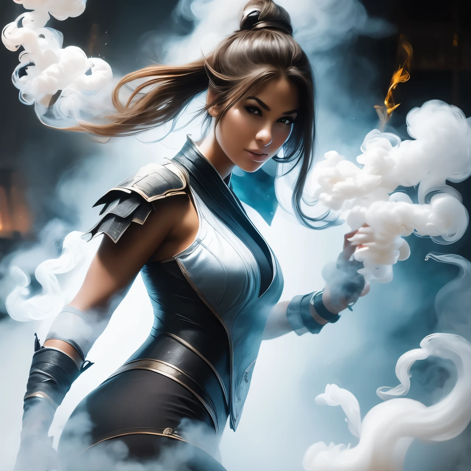 Create an ultra-detailed shot of a figure fully made of smoke in a Smoking Girl shape, ninja, (ghostly figure) front view, motion effects, colorful smoke, studio lights, ultra sharp focus, high-speed shot, soft colors, UHD, 16k