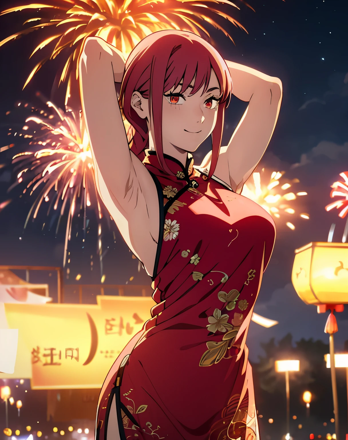 (masterpiece, best quality, high resolution, animescreencap, anime colored,), (perfect anatomy, beautiful detailed eyes, beautiful detailed body, beautiful breast, shiny skin), 1girl, red hair, side bangs, braided ponytail, medium breasts, smiling,red eyes, ringed eyes, arms up behind head , armpits, looking at viewer, blushing,,chinese new year background, fireworks, bright lights, night time, red chinese dress with flower design