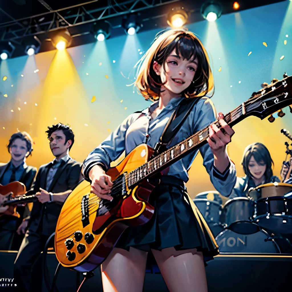 （exquisite illustrations：1.4），（master piece：1.0）， （best quality：1.4）， （ultra high resolution：1.2）， （Realistic：1.4），（18-year-old：1.3）, rock band, Group of 3, high school student, men and women, guitar, base, drum, Dynamic and energetic live performance, Les Paul , bright, smile, real, realistic