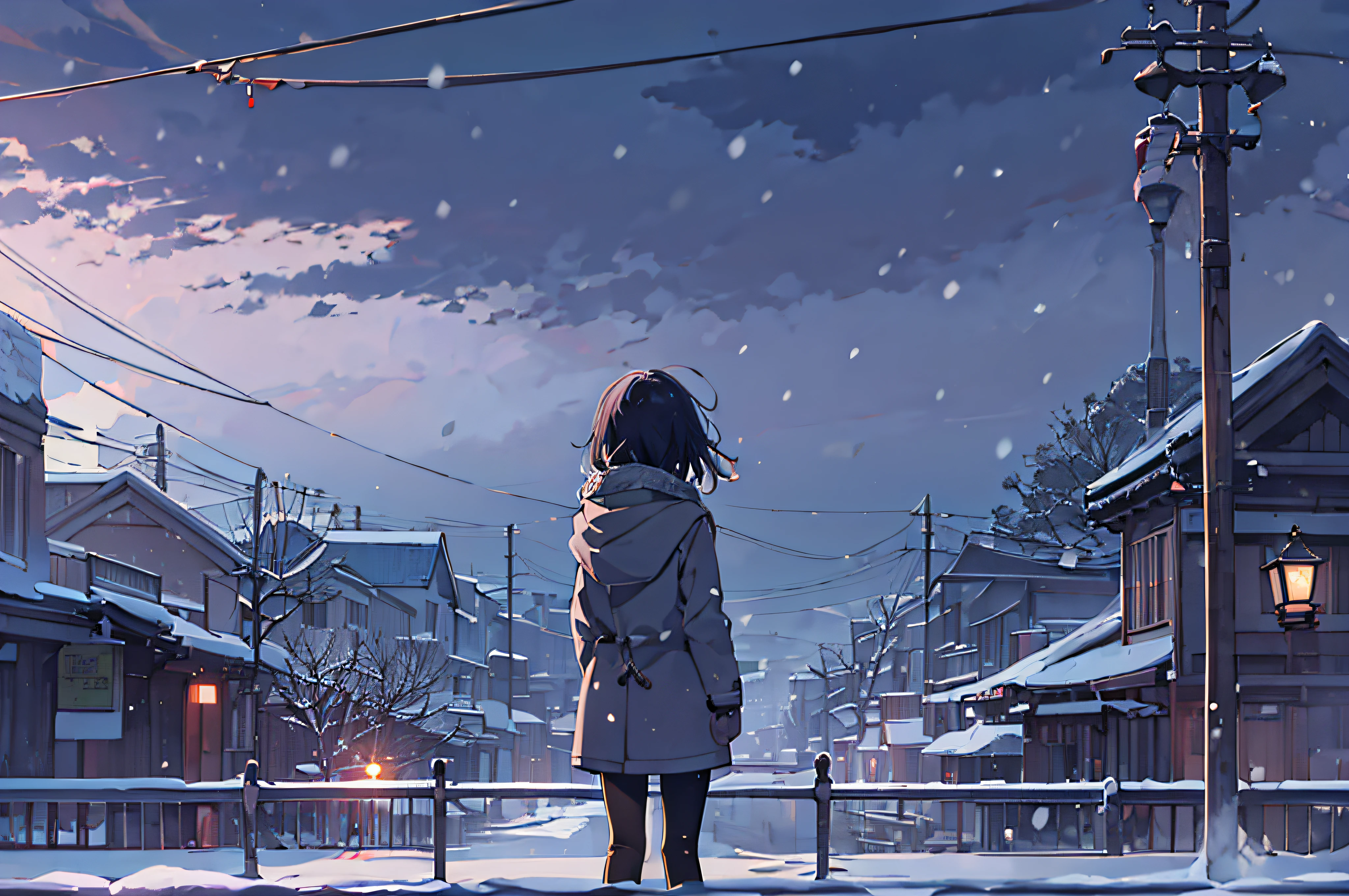 A girl stared at the sky in the distance、alone、long black hair、Gray duffle coat、Check the muffler、shorts、black leggings、boots、low angle、from behind、gloomy、snow scene、heavy snow、diamond powder、Syracuse、dawn、top quality、​Masterpiece、Cloud、sad atmosphere、Looks like you&#39;re about to cry、Xin Haicheng&#39;s style