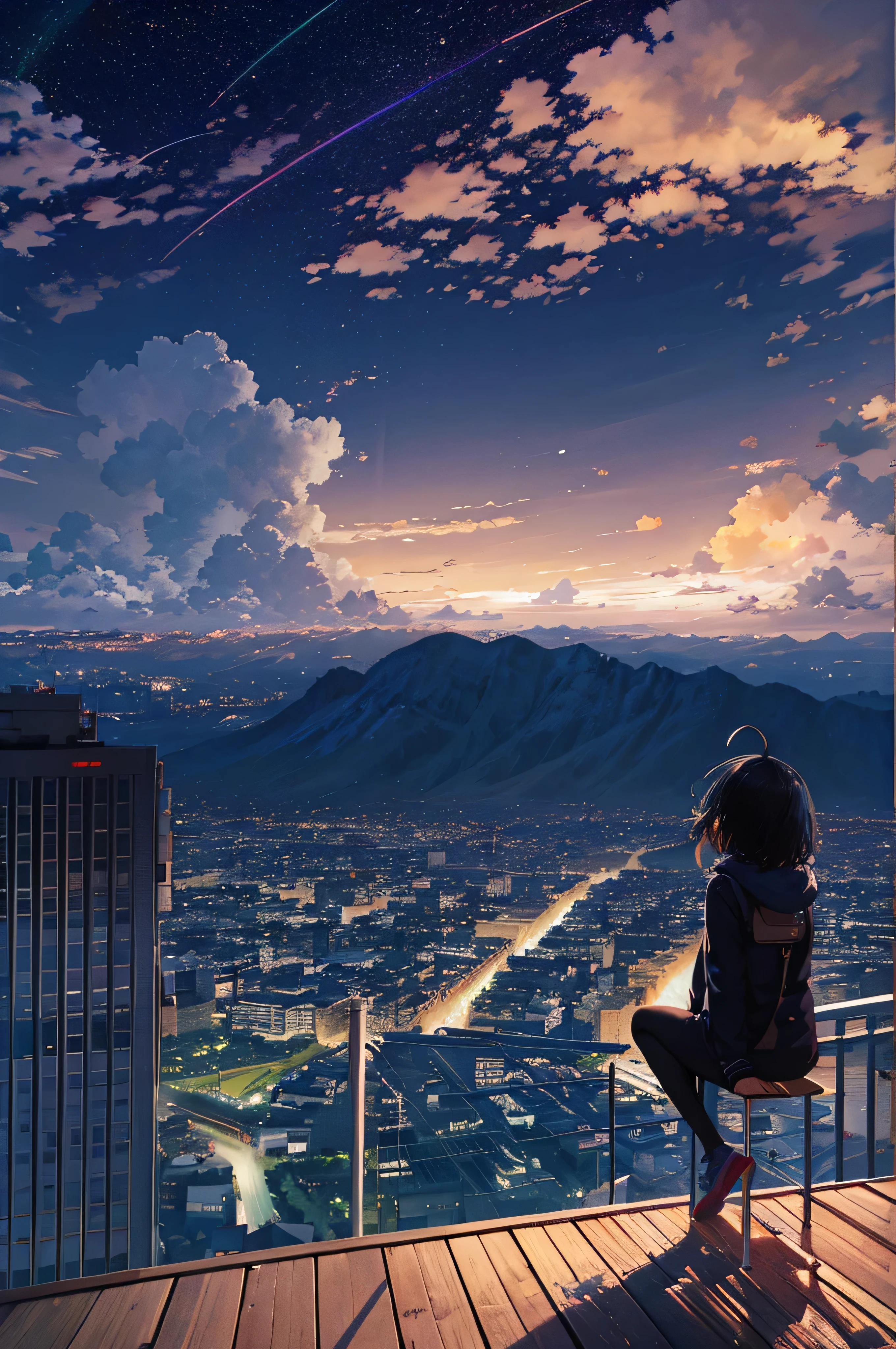 octane rating, null, star (null), scenery, starry null, night, 1 girl,black hair,short hair,Ahoge, night null, alone, outdoors, building, cloud, milky way, sitting, wood, long hair, city, silhouette, cityscape