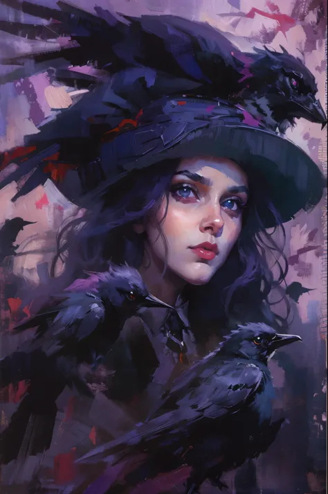 Sexy witch wearing gothic style costume，Surrounded by crows，moonlit wilderness，Surrealism，painting，ink，acrylic painting，masterpi...