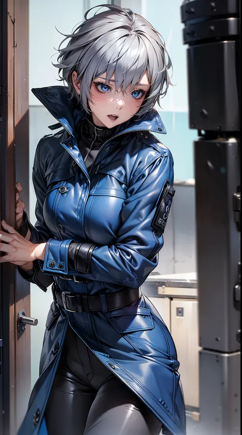 (adult woman), (gray hair, ultra short:1.3), blue colored eyes, medium breasts, (blue leather raincoat), belt, pants, office, ma...