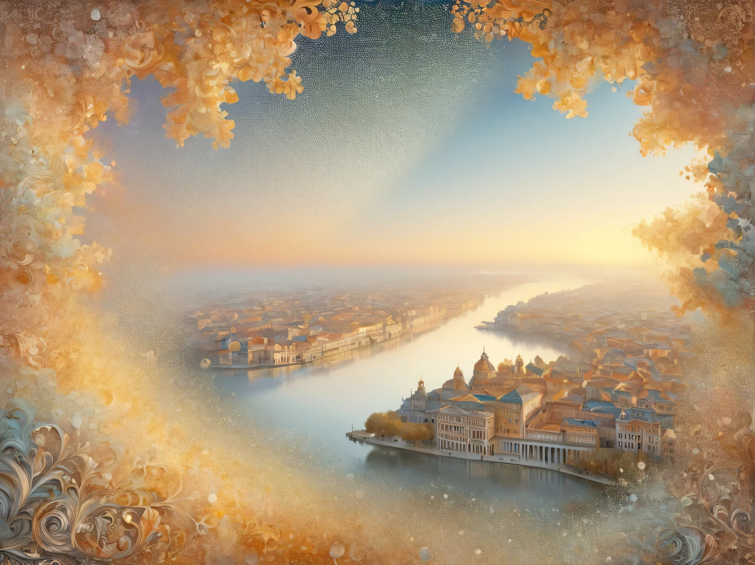 Baroque aesthetics, Baroque dawn, morning landscape, baroque morning, The Art of Drawing Dots, Small dots, Dotted shadows, small touches, filling with fractals, High detail, More small details, A high resolution, play of colors and shadows, romantic palette, baroque background made of fractals, High resolution 32K, A high resolution