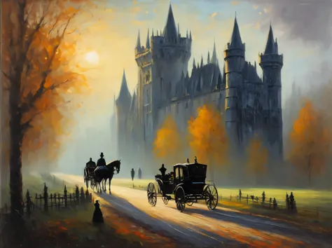 gothic aesthetics, gothic morning, Gothic landscape, Gothic castle in the morning sun, road, conveyance, couple walking on the r...