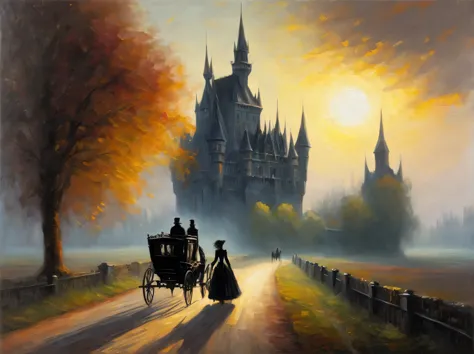 gothic aesthetics, gothic morning, Gothic landscape, Gothic castle in the morning sun, road, conveyance, couple walking on the r...