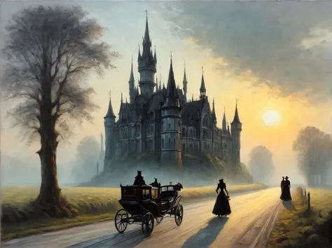 gothic aesthetics, gothic morning, Gothic landscape, Gothic castle in the morning sun, road, conveyance, couple walking on the r...