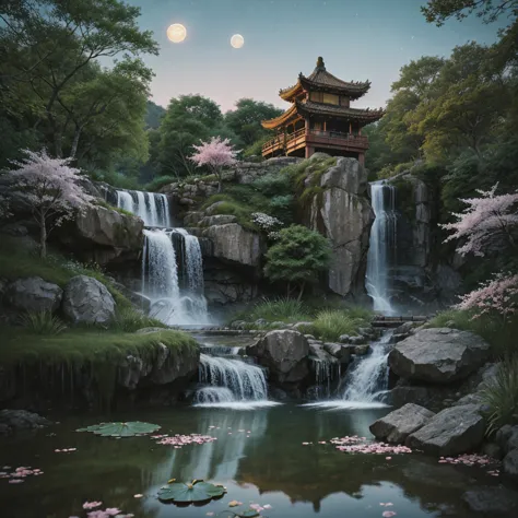 ancient chinese architecture, moon, midnight, garden, falling cherry blossom petals, lake, stone bridge, rockery, arch, corner, ...