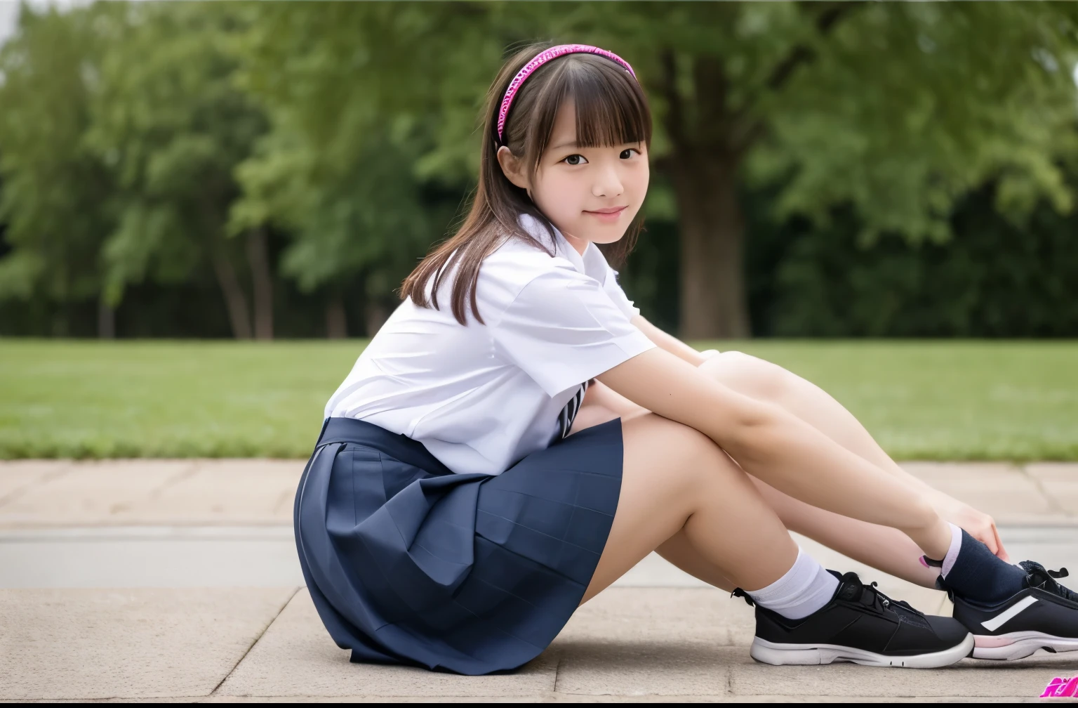 Arafed asian girl sitting on the ground with her legs crossed - SeaArt AI