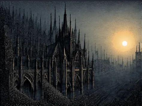 gothic aesthetics, Dawn in Gothic style, Gothic landscape, gothic morning, The Art of Drawing Dots, Small dots, Dotted shadows, ...