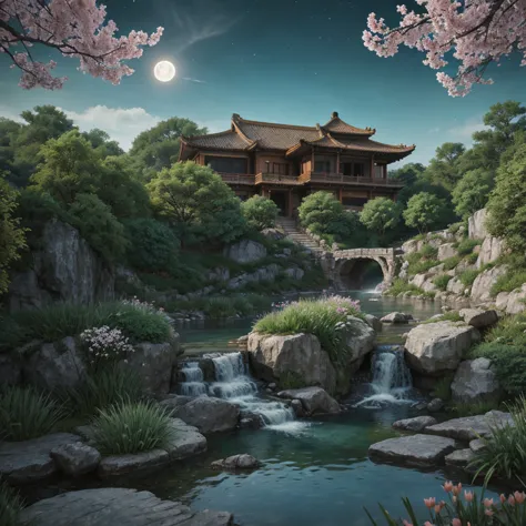 ancient chinese architecture, moon, midnight, garden, peach tree with falling peach blossom petals, lake, stone bridge, rockery,...