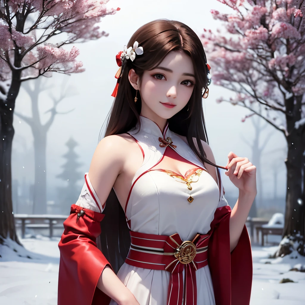 Beautiful girl with long brown hair, bright brown eyes, sweet smile, snow white skin,Her long hair is decorated with red mulberry flowers 🏵️,The girl wore a simple white hanfu with a red cloth tied around her waist, Forest setting filled with mulberry tree