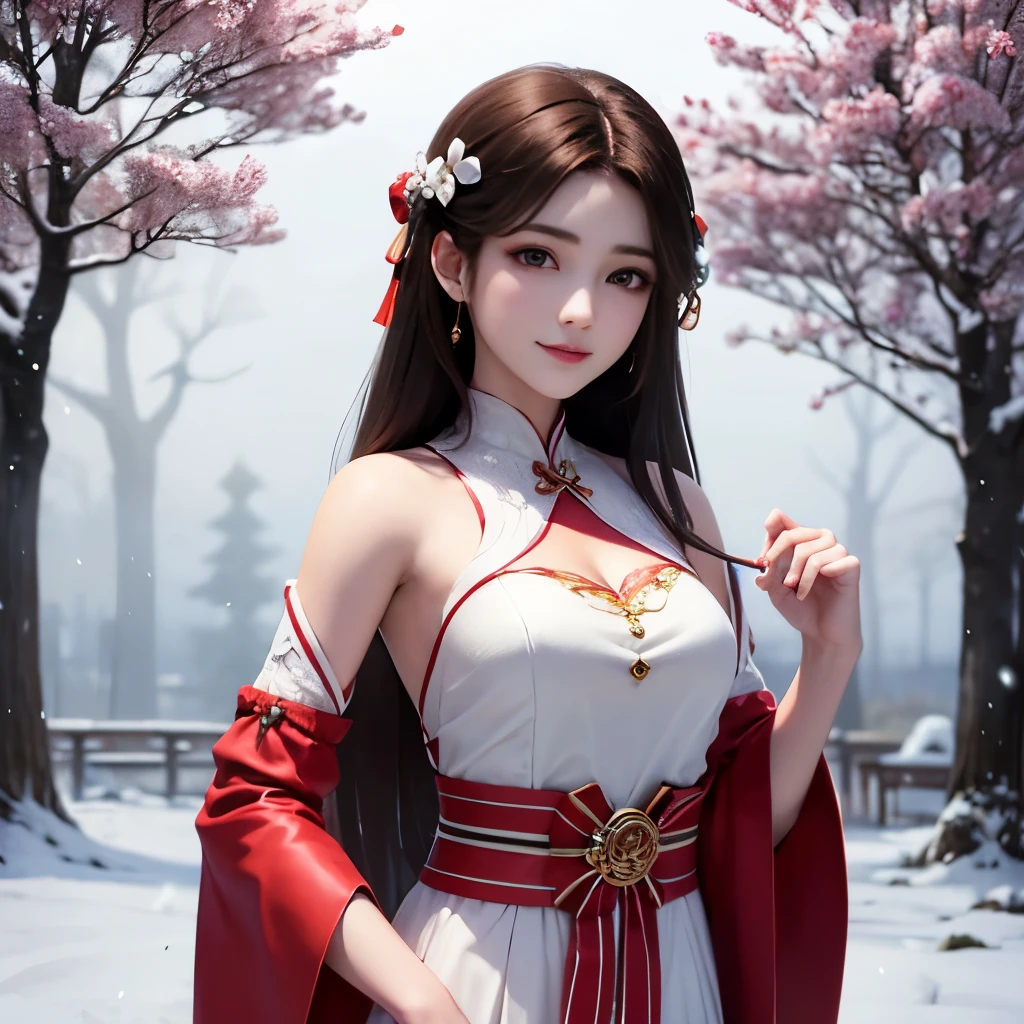 Belle fille aux longs cheveux bruns, yeux marron clair, doux sourire, peau blanche comme neige,Her long hair is decorated with red mulberry flowers 🏵️,La jeune fille portait un simple hanfu blanc avec un tissu rouge noué autour de sa taille., Cadre forestier rempli de mûriers