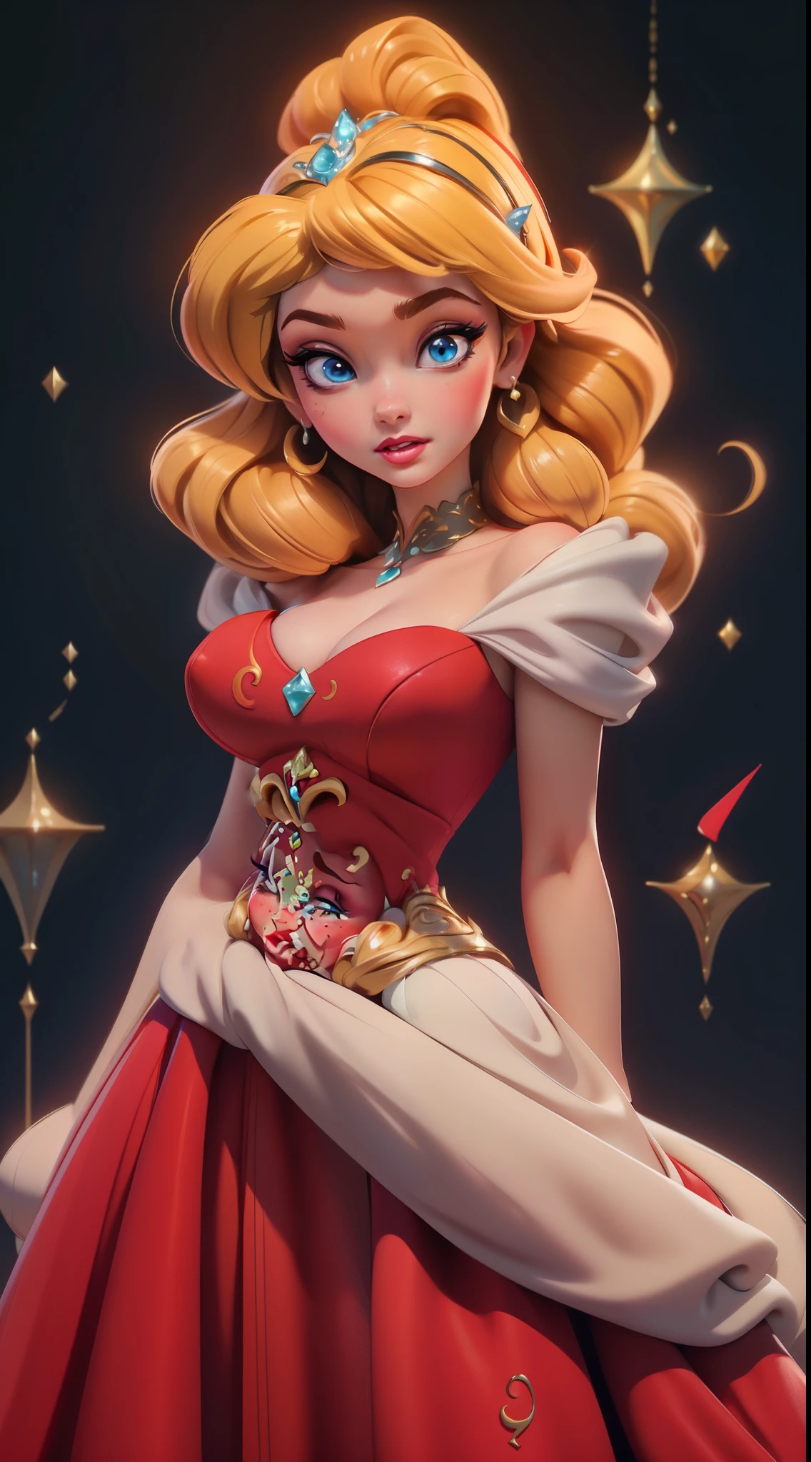 princesa que tiene el cuerpo de Pauline, mucho maquillaje en sus ojos y labios, y el cabello rubio de Rosalina cubriendo un ojo., derritiendo, 1 chica, vistiendo un elegante vestido rojo, vestido rojo, hermoso, personaje, mujer, femenino, (parte maestra:1.2), (Mejor calidad:1.2), (Solo:1.2), ((pose de pelea)), ((campo de batalla)), cinematográfico, ojos perfectos, piel perfecta, iluminación perfecta, sonreír, luz, cor, piel texturizada, detalle, Belleza, preguntarse, ultra detallado, cara perfecta