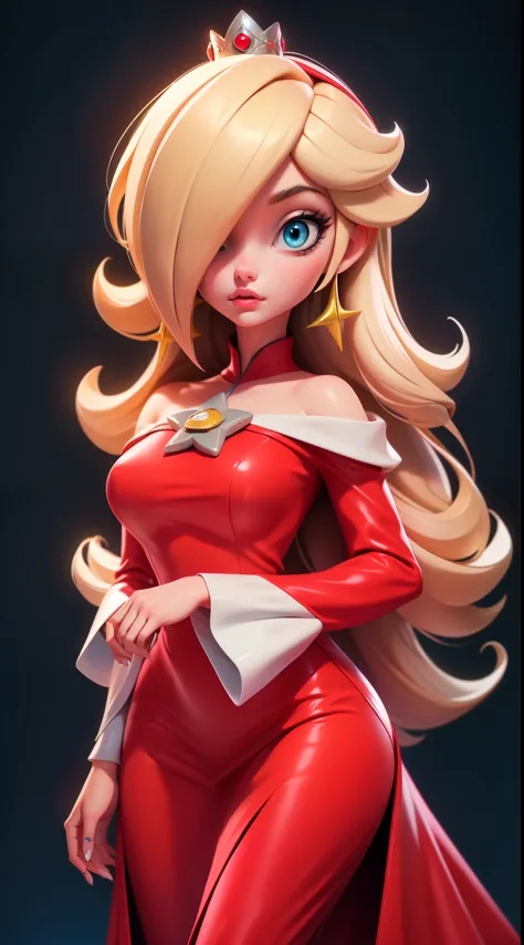 princess that has Pauline's body, heavy makeup on her eyes and lips, and Rosalinas blonde hair covering one side of her face, side-swept hair bangs, hair over eyes, hair covering her right eye, hair falling over eyes, her hair is covering her eyes, bangs, ...