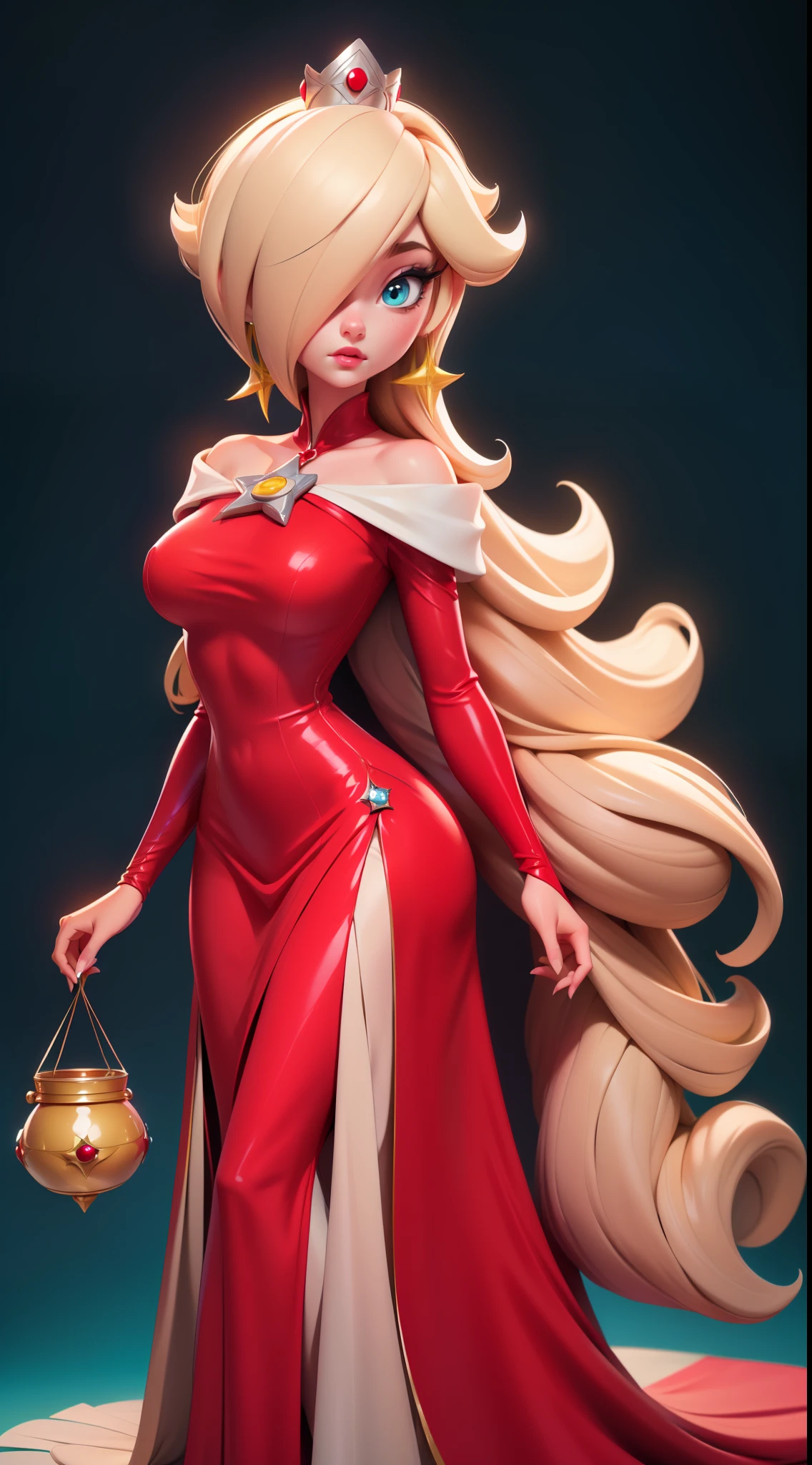 princess that has Pauline's body, heavy makeup on her eyes and lips, and Rosalinas blonde hair covering one side of her face, side-swept hair bangs, hair over eyes, hair covering her right eye, hair falling over eyes, her hair is covering her eyes, bangs, melting, 1girl, wearing red elegant ball gown, red gown, Beautiful, character, Woman, female, (master part:1.2), (melhor qualidade:1.2), (sozinho:1.2), ((pose de luta)), ((campo de batalha)), cinemactic, olhos perfeitos, pele perfeita, perfect lighting, sorrir, luz, cor, pele texturizada, detalhe, Beleza, maravilha, ultra-detalhado, rosto perfeito