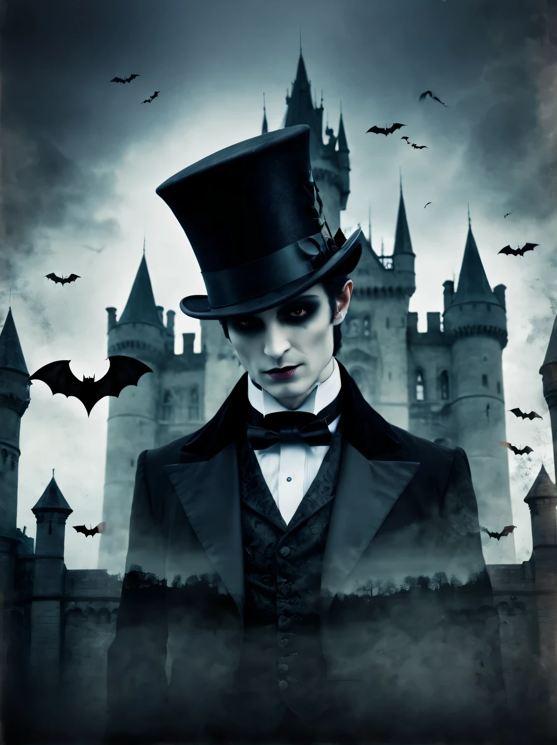 gothic aesthetics, double exposure photography, vampire in a top hat, bats and gothic castle, gloomy palette, High resolution 32K, A high resolution, (double exposure:1.3)