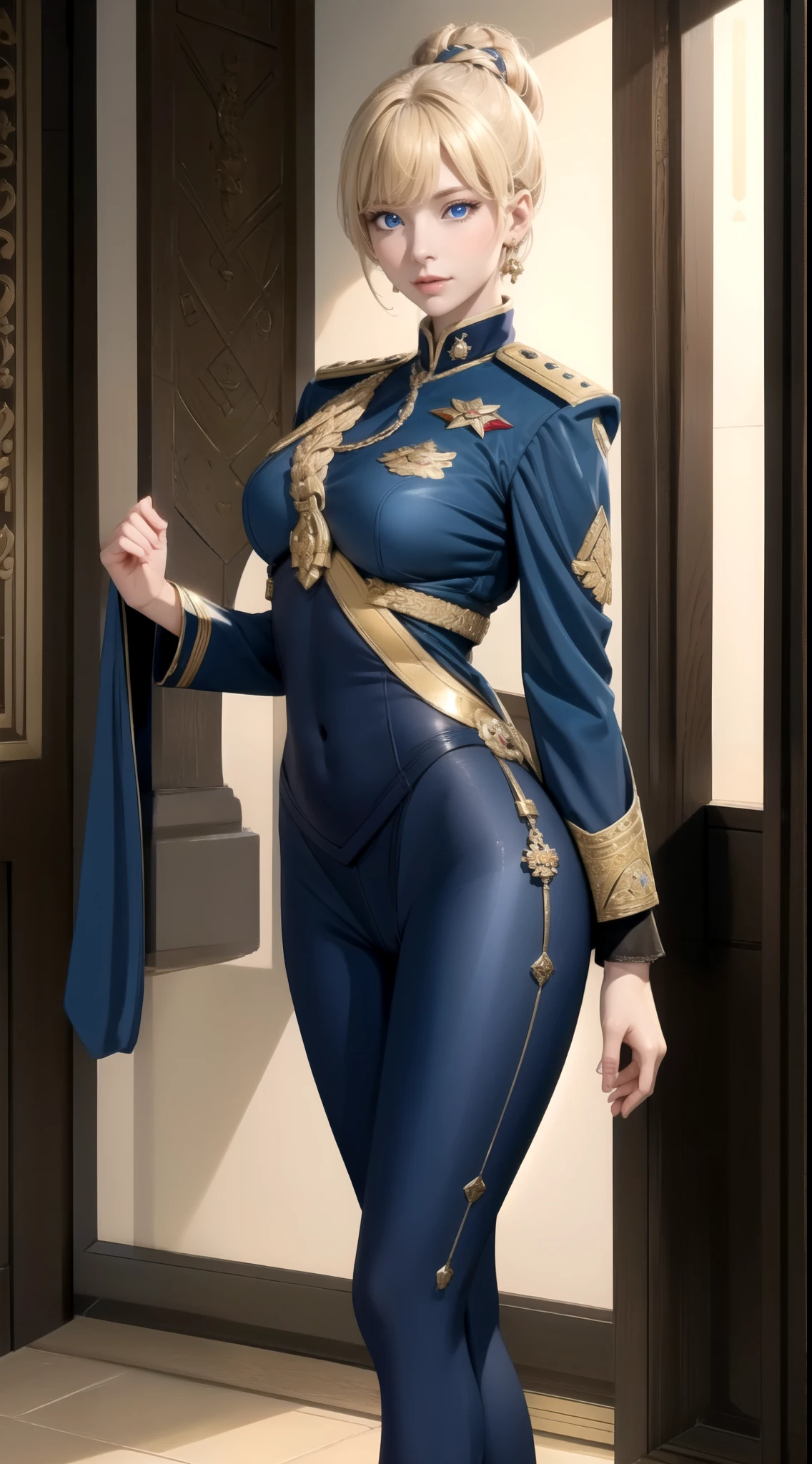 katherine rock, Respected Athenian Admiral, walk on the bridge with confidence, Her piercing blue eyes scan the room with a critical gaze. She wears a sleek navy blue uniform with gold accents, symbol of professionalism and authority. Her blonde hair is tied into a bun., emphasize the sharp angles of her face. her jawline is strong and defined, and her cheekbones are high and prominent. her lips are plump、It has a pink color, her nose is straight and elegant. She exudes an air of intelligence and confidence., command the respect of everyone who crosses her path. When she approaches the chief engineer、, anthony cooper, she speaks to him in a harsh tone, she demands results、Reveal yourself as a woman who expects nothing but excellence from her subordinates..