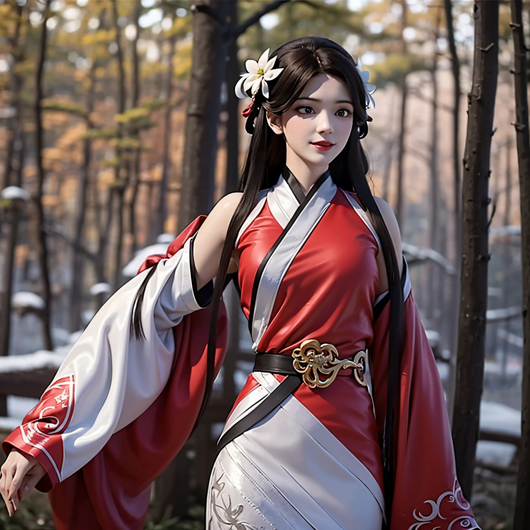1 solo , Beautiful girl with long brown hair, bright brown eyes, sweet smile, snow white skin,Her long hair is decorated with red mulberry flowers 🏵️,The girl wore a simple white hanfu with a red cloth tied around her waist, Forest setting filled with mulberry tree  ,central focusing on girl in graphics, realistic graphics, 8k, wearing white hanfu and red skirt hanfu