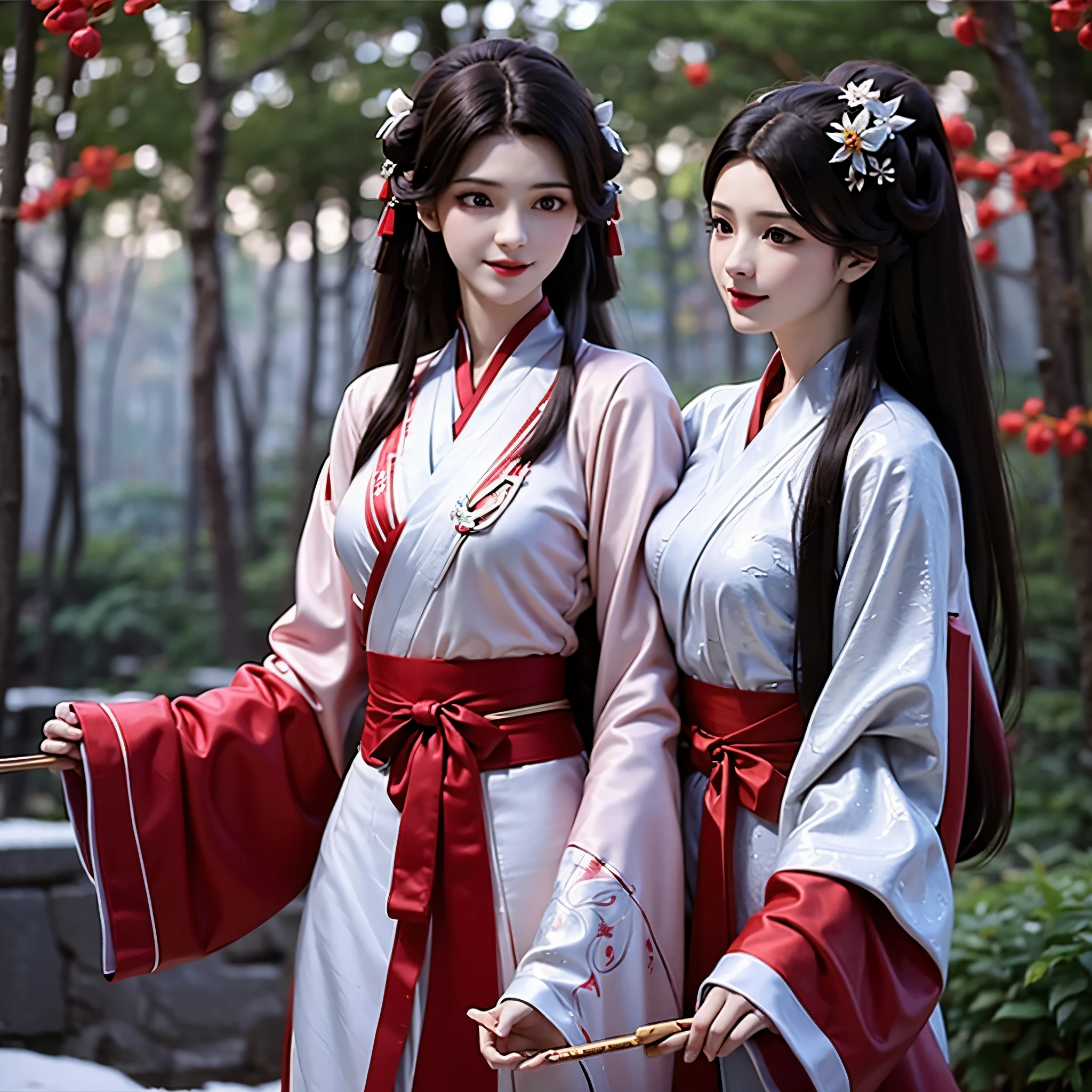 1 solo , Beautiful girl with long brown hair, bright brown eyes, sweet smile, snow white skin,Her long hair is decorated with red mulberry flowers 🏵️,The girl wore a simple white hanfu with a red cloth tied around her waist, Forest setting filled with mulberry tree  ,central focusing on girl in graphics, realistic graphics, 8k, wearing white hanfu and red skirt hanfu