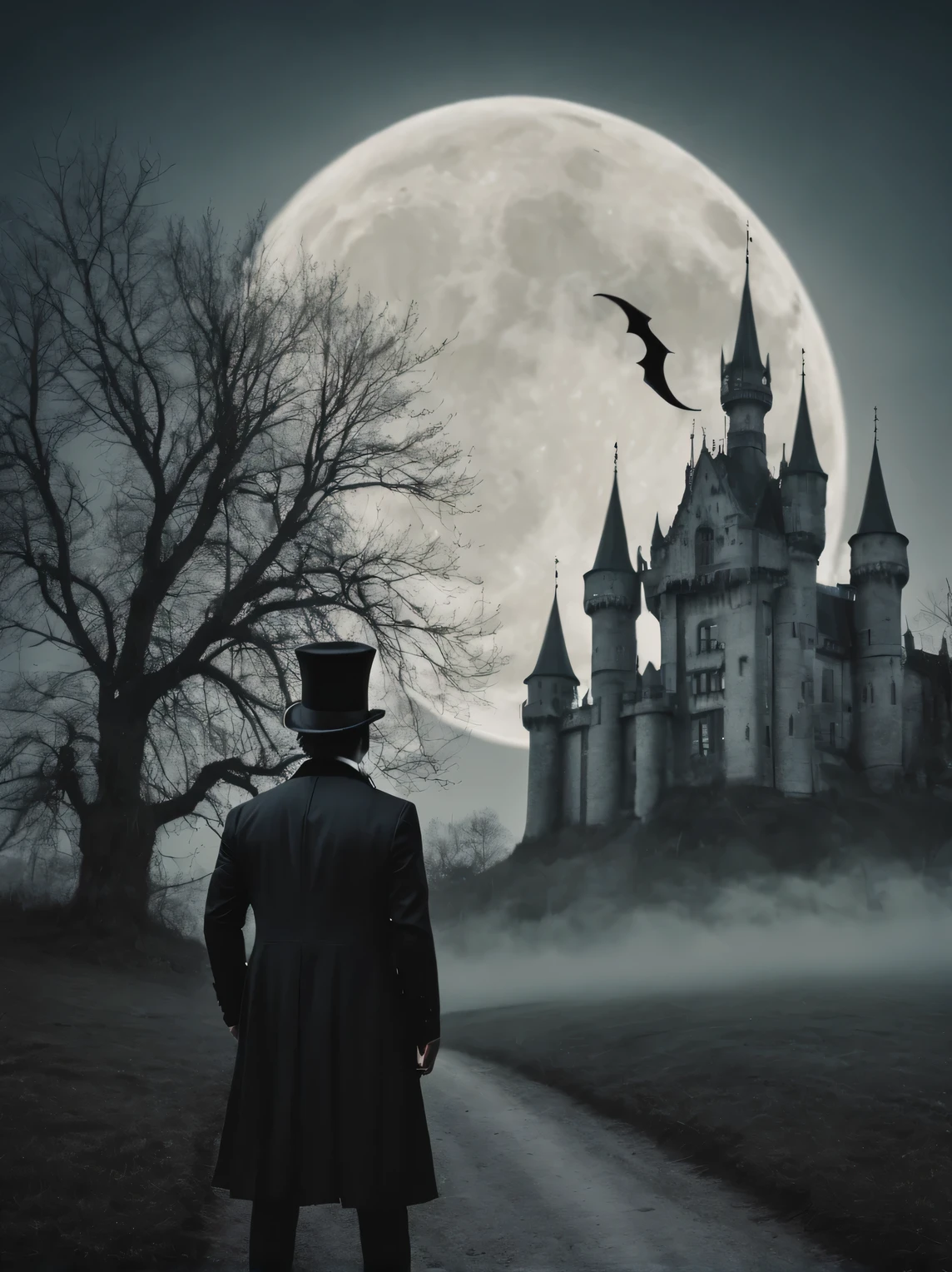 gothic aesthetics, double exposure photography, vampire in a top hat, bats and gothic castle, gloomy palette, High resolution 32K, A high resolution, (double exposure:1.3)
