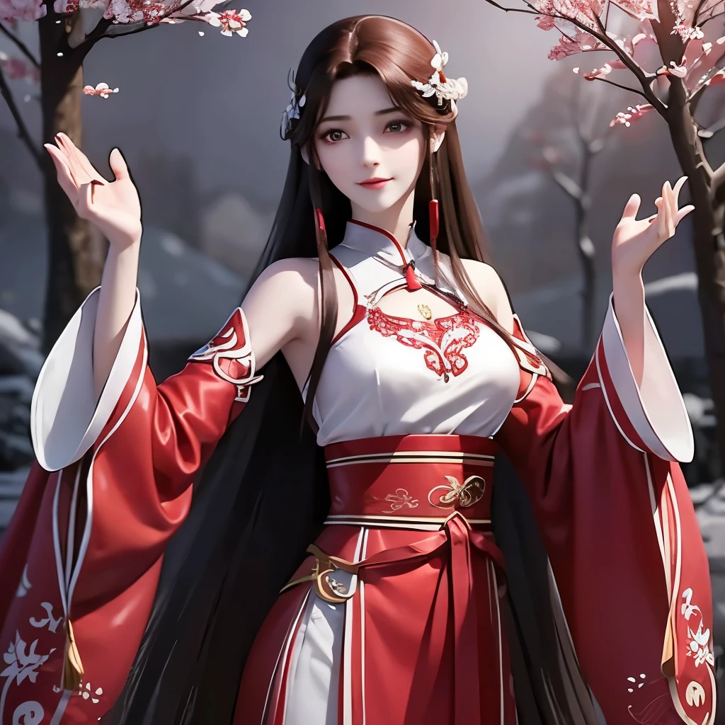 Beautiful girl with long brown hair, bright brown eyes, sweet smile, snow white skin,Her long hair is decorated with red mulberry flowers 🏵️,The girl wore a simple white hanfu with a red cloth tied around her waist, Forest setting filled with mulberry tree ,wearing simple white hanfu