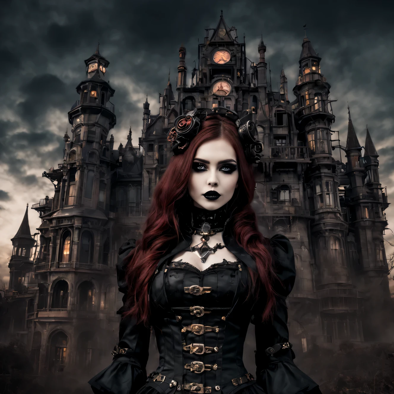 Gothic aesthetics, combination of styles, Gothic combined with steampunk, Double exposure photography, Gothic castle in the twilight zone, mechanical steampunk vampire with iron vampire fangs, (Gothic:1.3) in combination with (steampunk:1.3), dark palette and gothic palette, 32к A high resolution, A high resolution