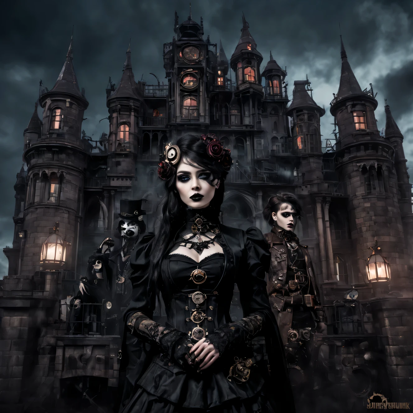 Gothic aesthetics, combination of styles, Gothic combined with steampunk, Double exposure photography, Gothic castle in the twilight zone, mechanical steampunk vampire with iron vampire fangs, (Gothic:1.3) in combination with (steampunk:1.3), dark palette and gothic palette, 32к A high resolution, A high resolution