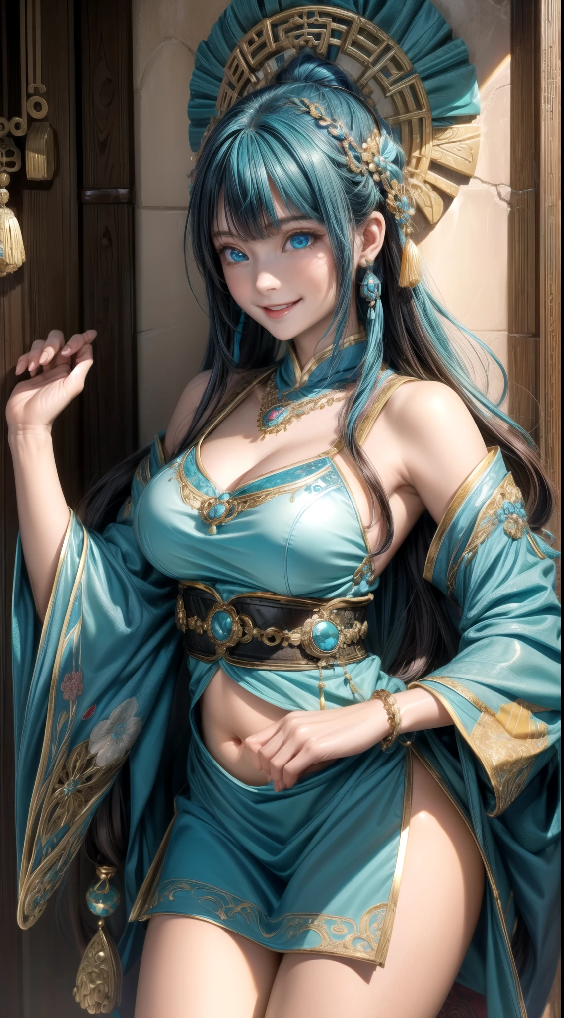 masterpiece, highest quality, super detailed, figure,(1 girl),detailed and beautiful eyes, looking at the viewer, (have a computer keyboard), Happy, (turquoise hair:1), (blue round eyes:1), (round earrings), (turquoise big gemstone necklace), cute round face, long hair, smile, fantasy chinese clothing