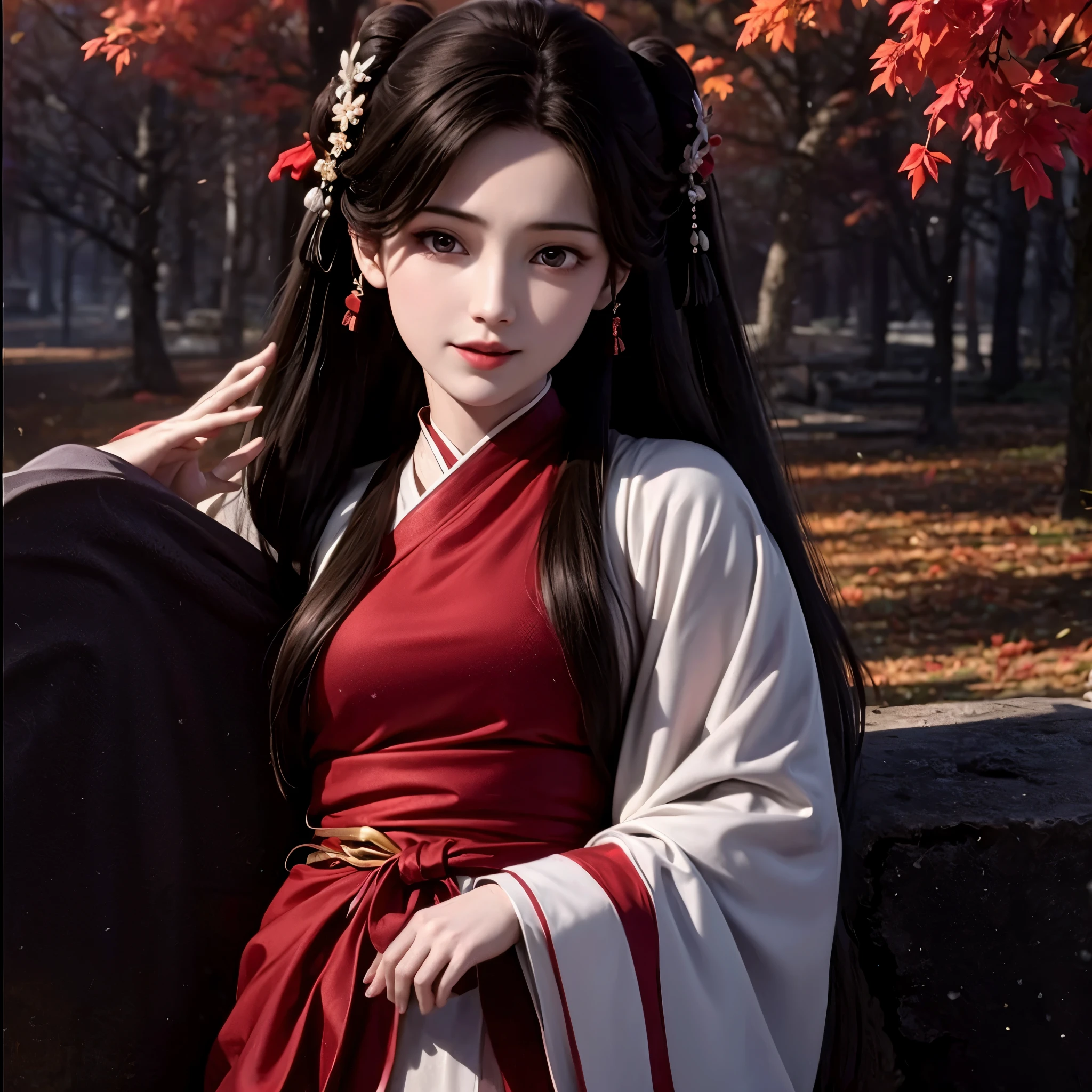 1 solo , Beautiful girl with long brown hair, bright brown eyes, sweet smile, snow white skin,Her long hair is decorated with red mulberry flowers 🏵️,The girl wore a simple white hanfu with a red cloth tied around her waist, Forest setting filled with mulberry tree  ,central focusing on girl in graphics, realistic graphics, 8k, wearing white hanfu and red skirt hanfu